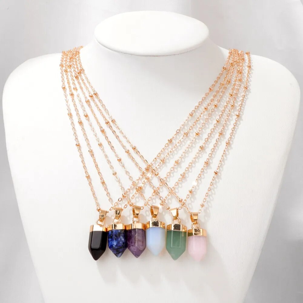 Natural Stone Bullet Pendant Necklace Amethysts Opal Agates Charm Necklace Healing Energy Jewelry Party Wedding Gift For Women