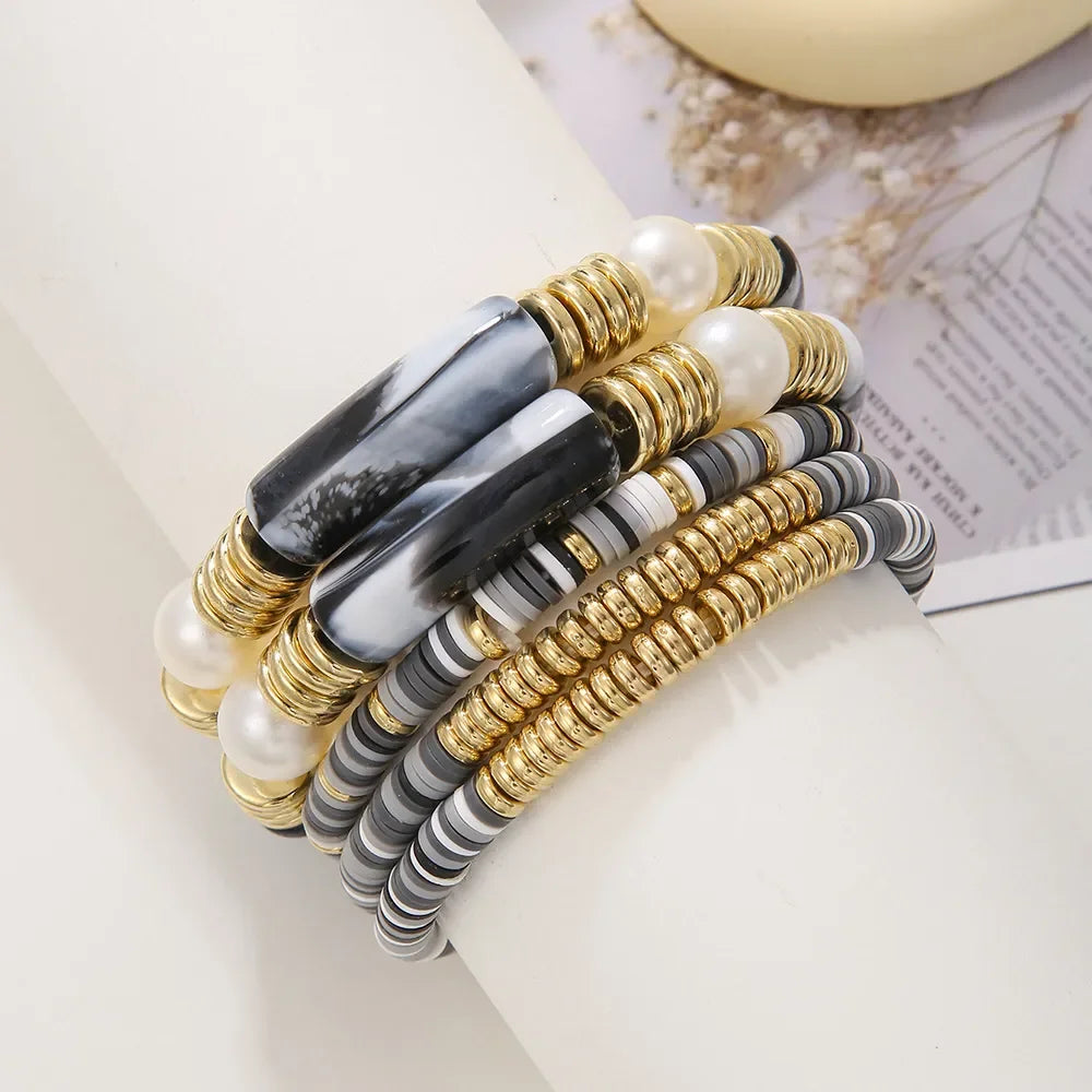 Bohemian 5Pcs/Lot Colorful Soft Ceramic Acrylic Bracelet Set For Women Ethnic Style Imitation-pearl Wristhand Bead Friends Gift