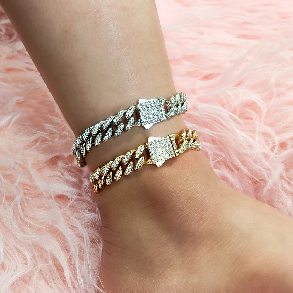 Hip Hop Iced Out Cuban Link Chain Anklet For Women Bling Rhinestone Paved Miami Cuban Feet Chain Barefoot Summer Beach Jewelry