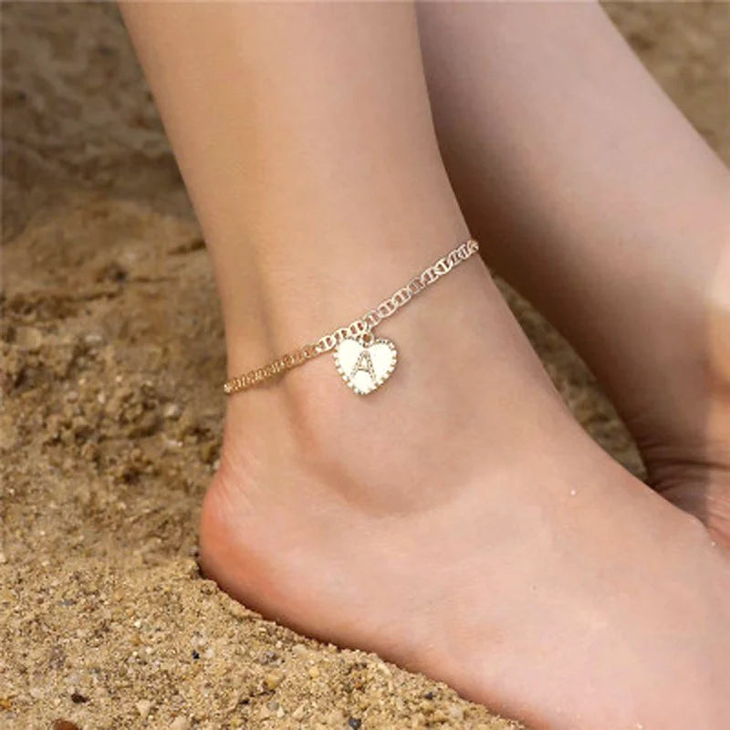 Delicate Heart Initials Anklets For Women Ankle Bracelet Gold Plated Zircon Letter Beach Accessories Boho Jewelry Gifts