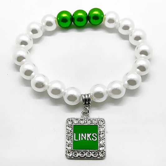 Delicate Black Girl sorority letter LINKS Rhinestone Green pendant DIY imitation pearl elastic bracelet