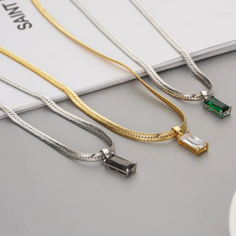 Vinagte Squares Crystal Pendant Necklace for Women Dazzling CZ Gold Color Stainless Steel Choker Snake Chain on Neck Jewelry