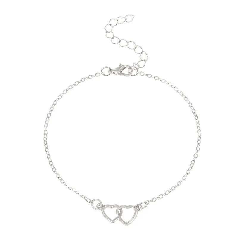 Ins Fashion Silver Color Double Heart Anklet for Women Bling Hollow Out Love Foot Ankle Leg Bracelet Chain Jewelry