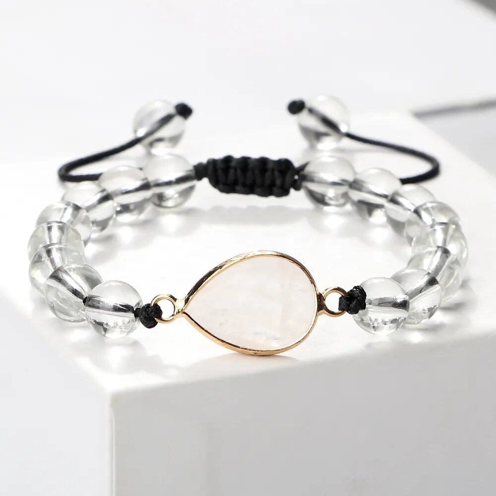 8mm Beaded Btracelet Charm White Crystal Transparent Stone Pendant Handmade Braided Yoga Bangles Adjustable Wrist String Jewelry