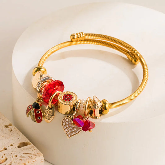 Classic Red Crystal Open Bangle Gold Color Little HEART Pendant Cuff Bracelet for Gift Jewelry