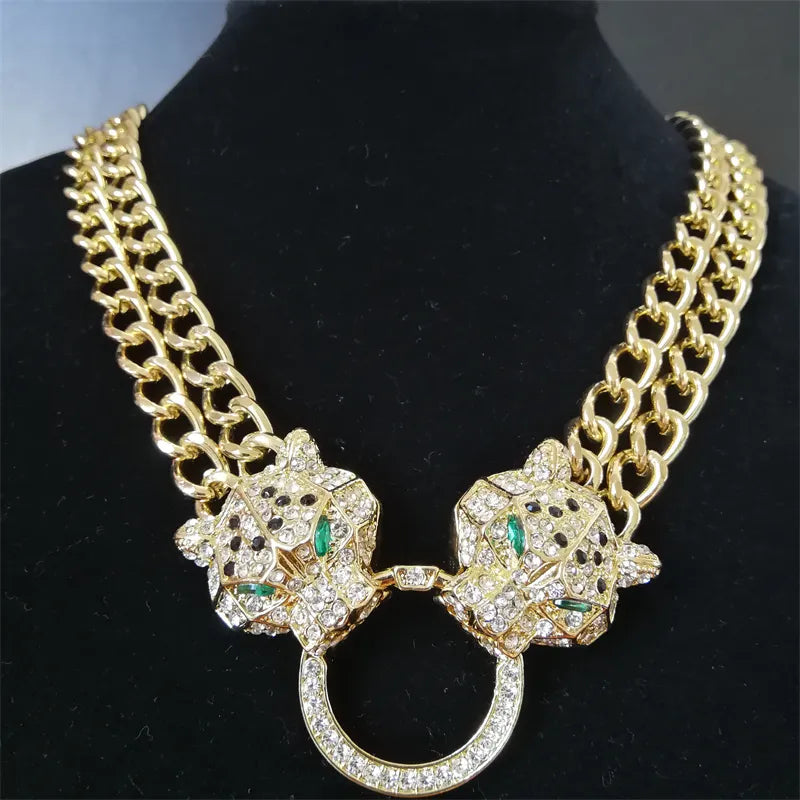 Hip Hop Full Crystal Double Leopard Head Pendant Choker Necklace With Double Cuban Chain For Men Women Fashion Panther Jewelry
