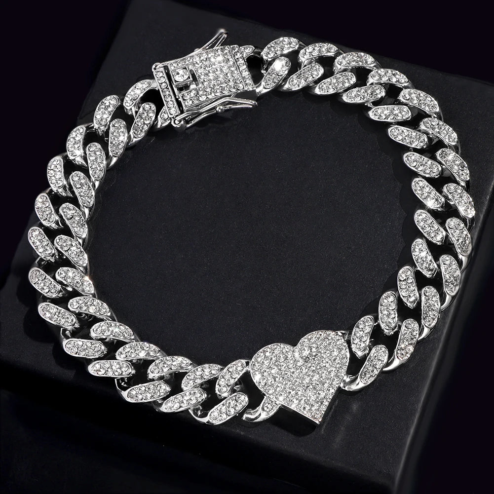 Trendy New Iced Out Heart Crystal Cuban Chain Anklets Bracelet For Women Hip Hop Paved Rhinestone Link Anklet Barefoot Jewelry