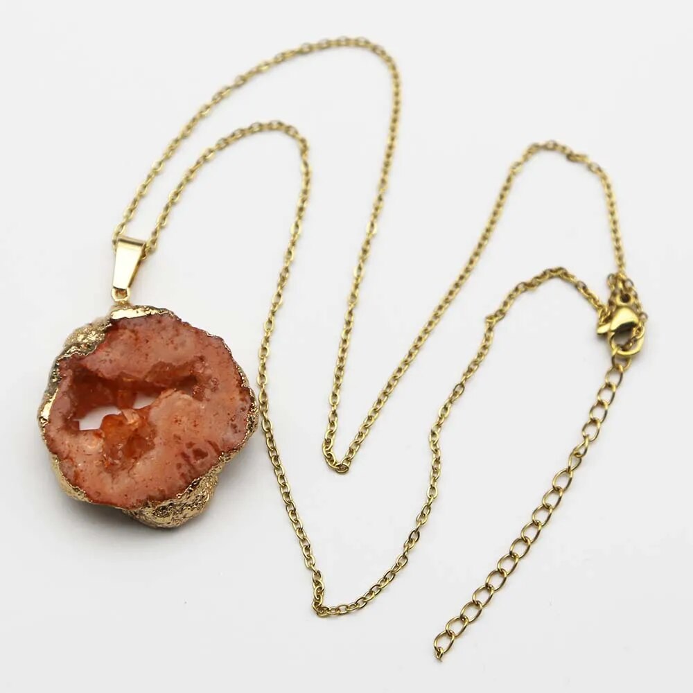 Gold Necklace with Irregular  Natural Agate Stone Pendant Charm