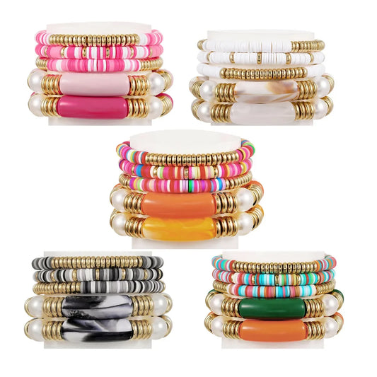 Bohemian 5Pcs/Lot Colorful Soft Ceramic Acrylic Bracelet Set For Women Ethnic Style Imitation-pearl Wristhand Bead Friends Gift