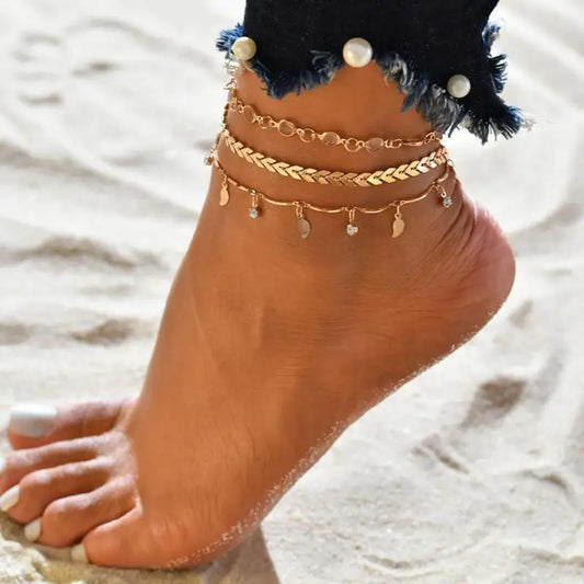 Layered Gold Color Leaves Pendant Chain Ankle Bracelet Leg Foot Jewelry Boho Charm Anklets Set Women Crystal Accessories Bijoux