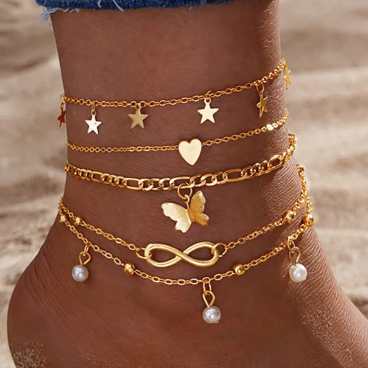 IFKM Gold Color Vintage Butterfly Anklet Set For Women Multilayers Adjustable Love Anklet Bracelet On Leg Foot Beach Jewelry