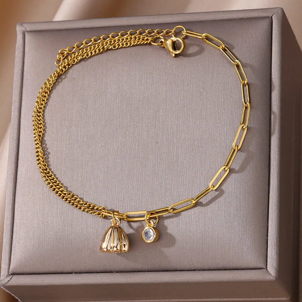 Fashion Lotus Zircon Anklets For Women Gold Color Lotus Seed Plant Stainless Steel Anklet Boho Jewelry Summer Accessories