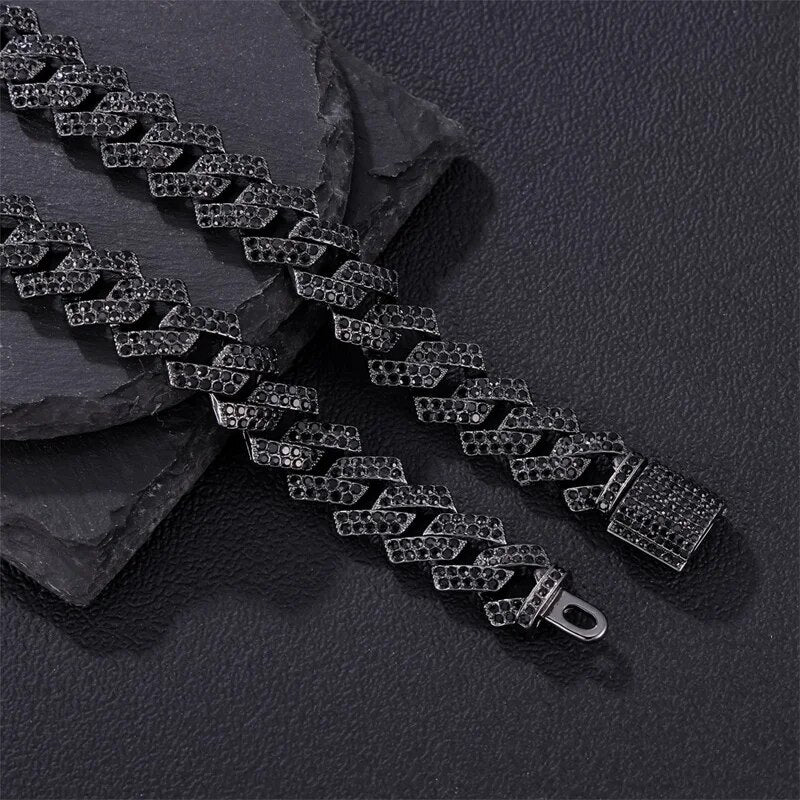 15MM Rhombus Prong Cuban Link Chain 2 Row Iced Out Black Rhinestones Bling Rapper Necklaces For Men Women Choker Jewelry