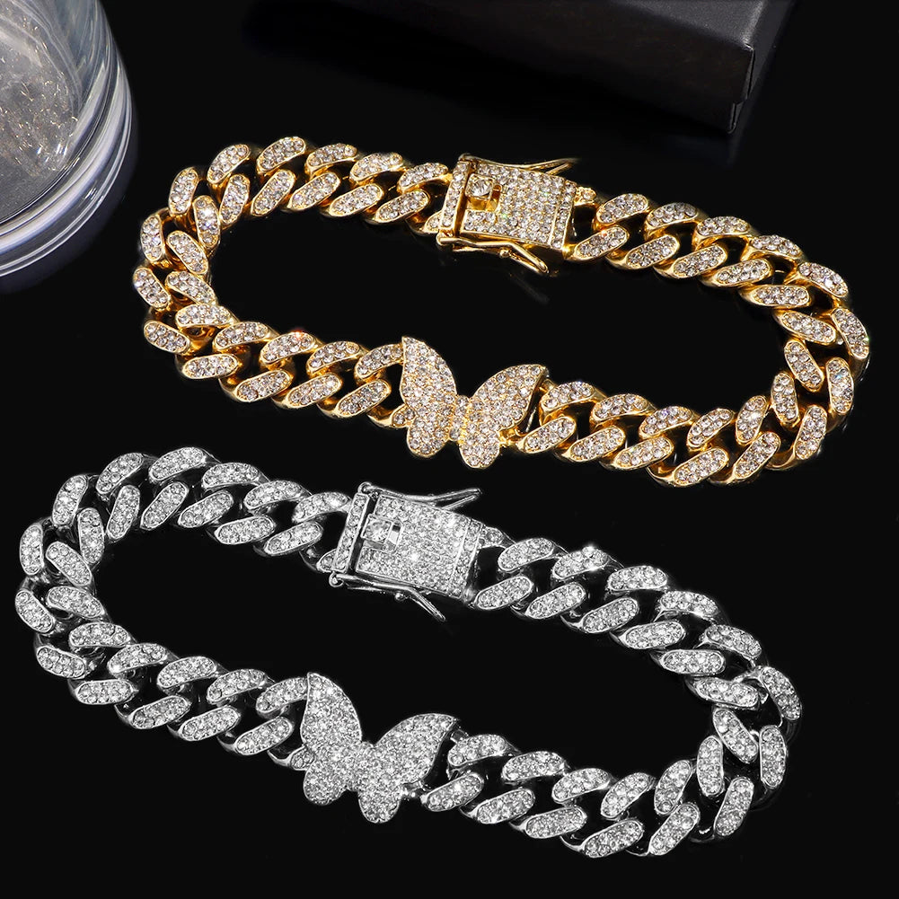 Fashion Shine Crystal Butterfly Miami Cuban Anklets for Women Iced Out Bling Cuban Link Chain Ankle Bracelet 2022 Beach Jewelry