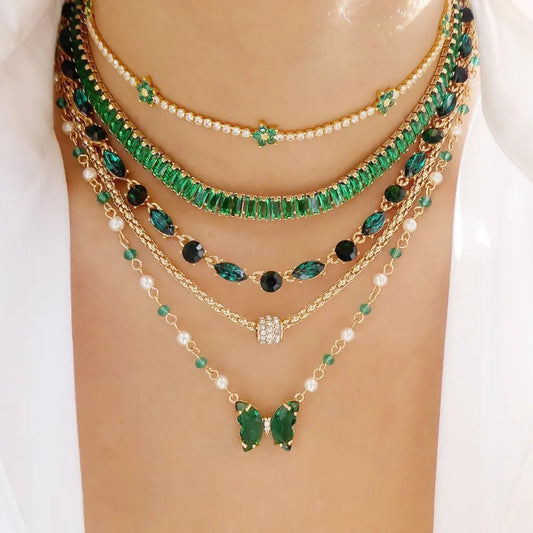 High Quality Gold Color Plated Green Crystal Paved CZ Tennis Chain Necklace For Women Girls Fashion Jewelry Choker Zircon Neck