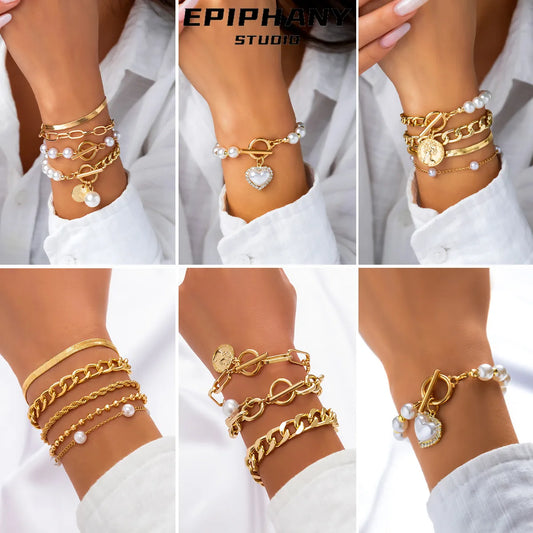 Retro Imitation Pearl Beaded Bracelets For Women Simple Geometric Love Rhinestone Hand Chain Bangle Jewelry Sets