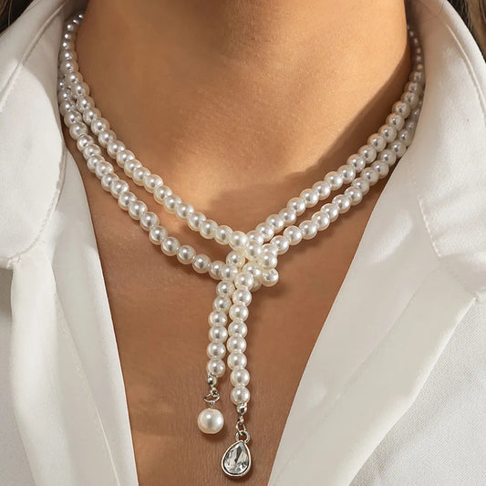 Pearl Choker Necklace with Dangling Crystal Pendant