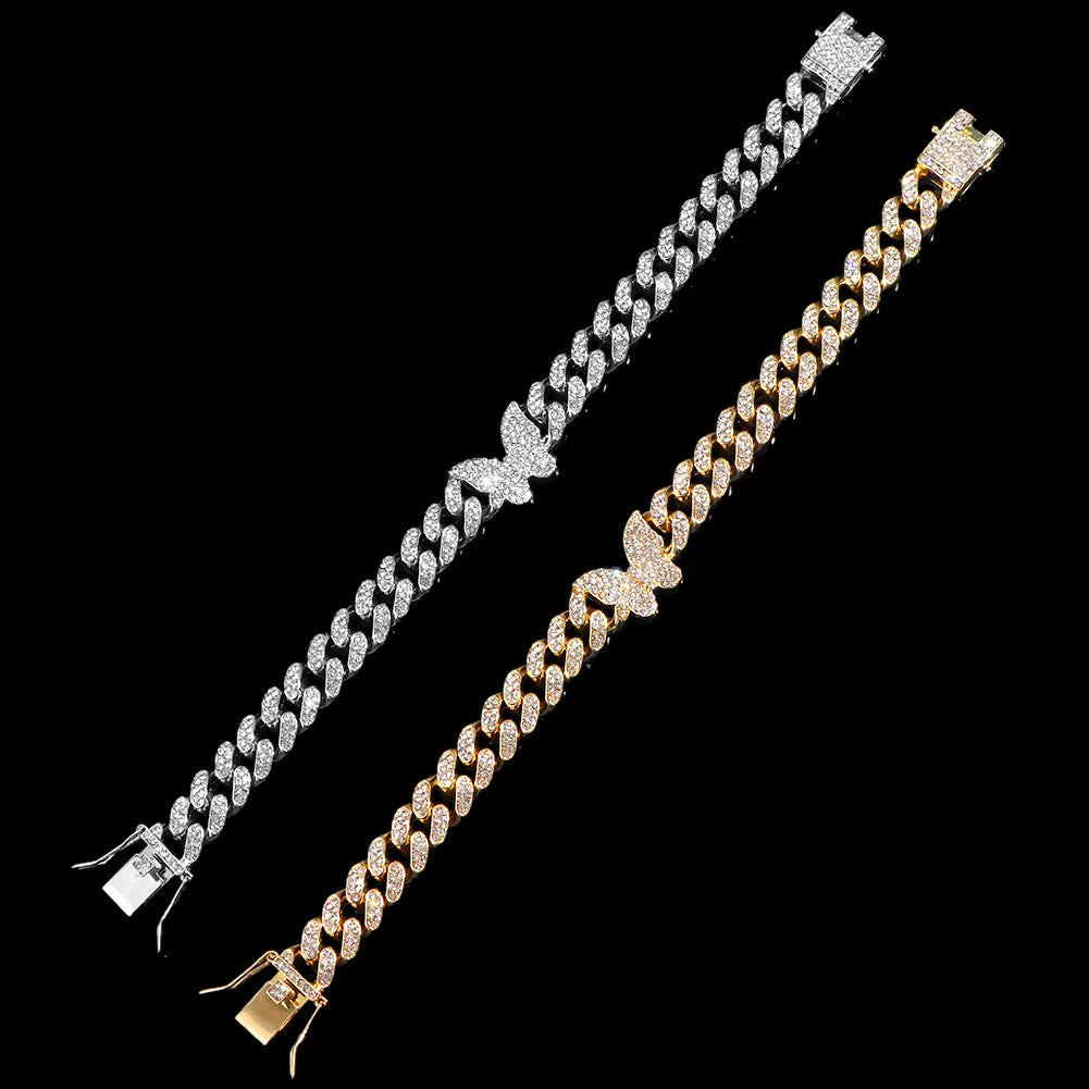 Fashion Shine Crystal Butterfly Miami Cuban Anklets for Women Iced Out Bling Cuban Link Chain Ankle Bracelet 2022 Beach Jewelry