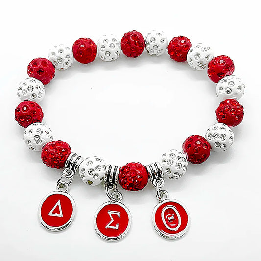 Red sorority society DELTA DST letter charm Rhinestone bead elastic bracelet bangle