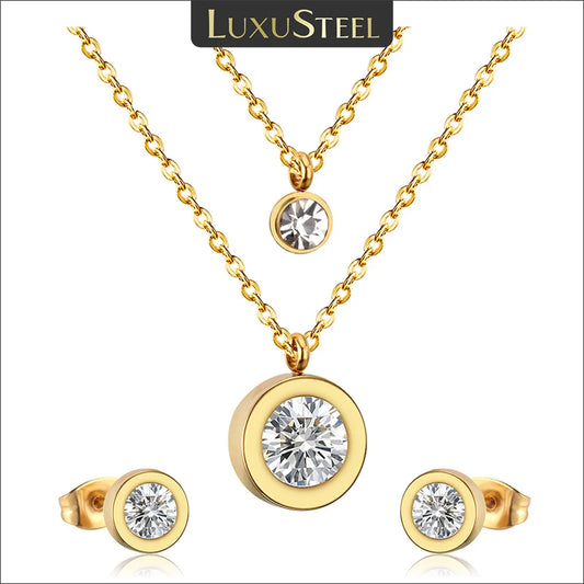 LUXUSTEEL Cubic Zirconia Jewelry Sets Stainless Steel Double Round Pendant Necklace Earring Sets Female Chain Jewelry Bijoux