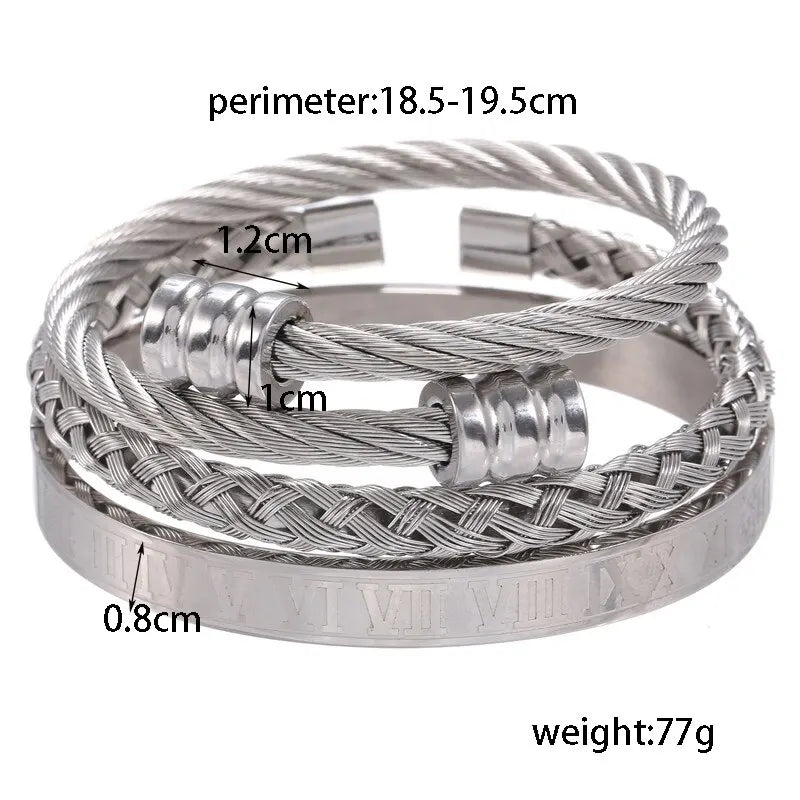 3Pcs/Set High Quality Roman Numeral Woven Cylindrical Head Bracelet Men's Personality Stainless Steel Multilayer Jewelry