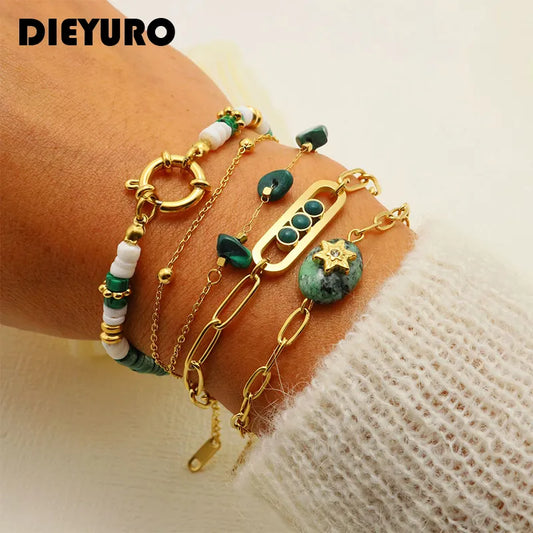 DIEYURO 316L Stainless Steel Retro Green Stone Charm Bracelet For Women Girl New Trend Bangles Non-fading Jewelry Gift Party