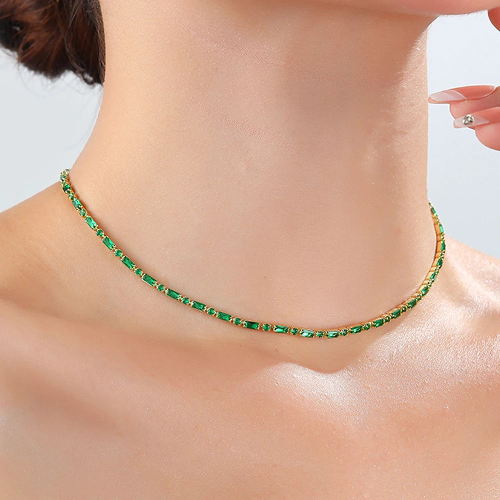 High Quality Gold Color Plated Green Crystal Paved CZ Tennis Chain Necklace For Women Girls Fashion Jewelry Choker Zircon Neck