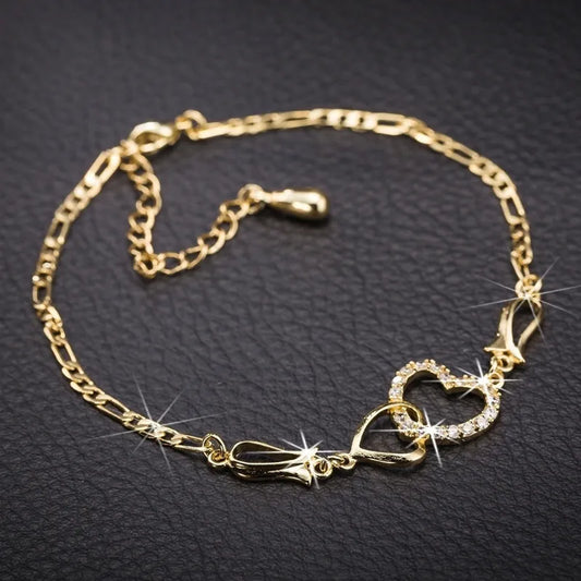 Classic Stainless Steel Chain Double Heart Love Anklet Bracelet Fashion Trendy Charm Bracelet Women Fashion Party Jewelry