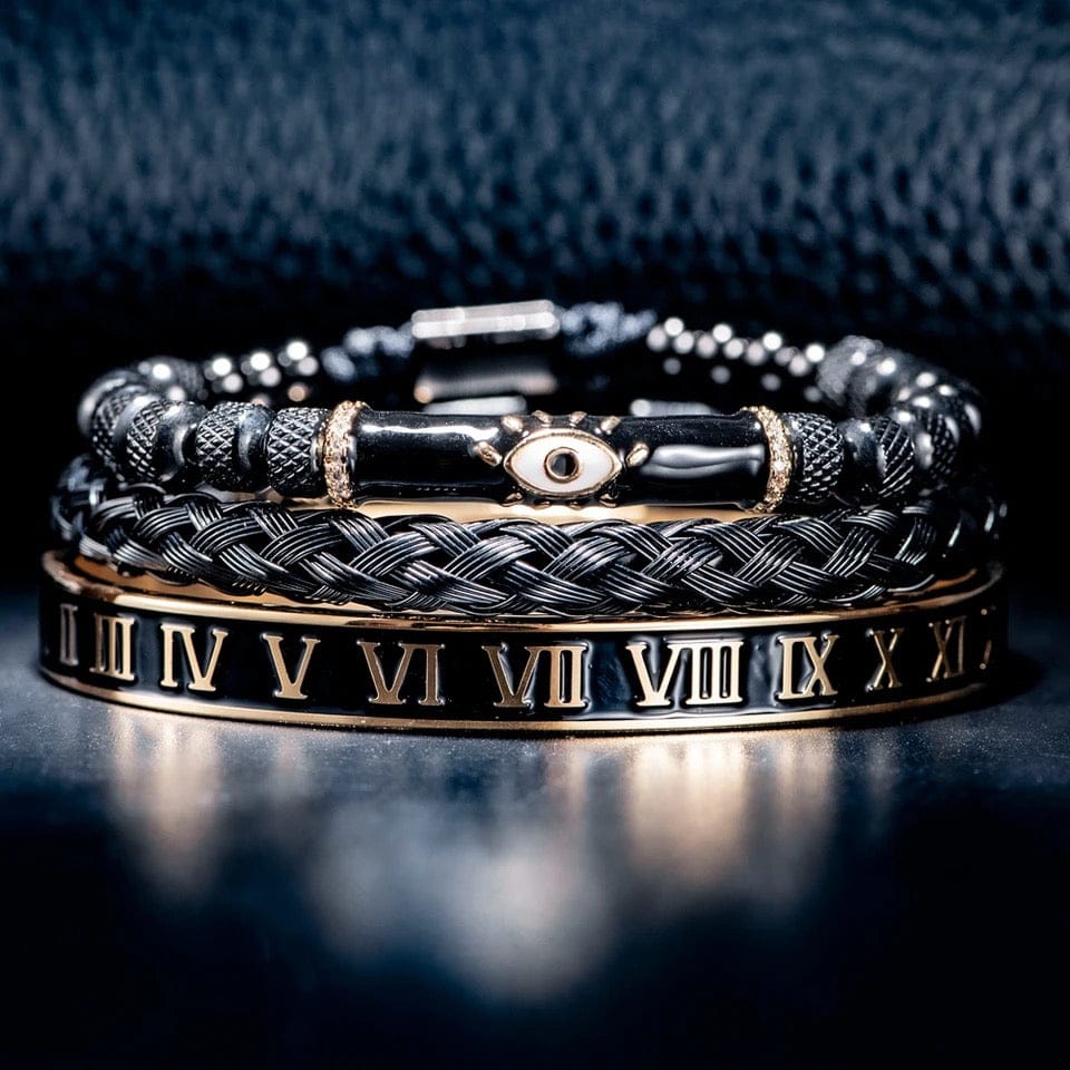 Black Roman Numeral Evil Eye Unisex Bracelet Set