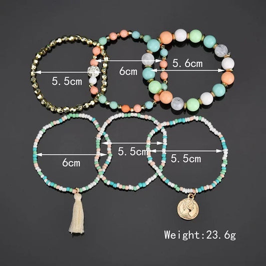 Teal and Peach Bohemian  Beaded Bracelet