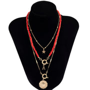 3Pcs/Set Red Co Beaded Chain Choker Necklace for Women Bohemia Letter Carved Coin Star Women's Necklace  Set