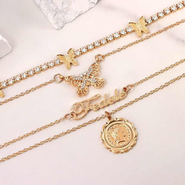 Gold Vintage  Bohemian  Coin Layered Women's  Necklace Butterfly Pendant Necklace
