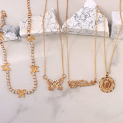Gold Vintage  Bohemian  Coin Layered Women's  Necklace Butterfly Pendant Necklace