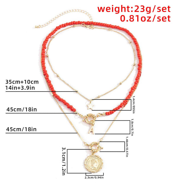3Pcs/Set Red Co Beaded Chain Choker Necklace for Women Bohemia Letter Carved Coin Star Women's Necklace  Set