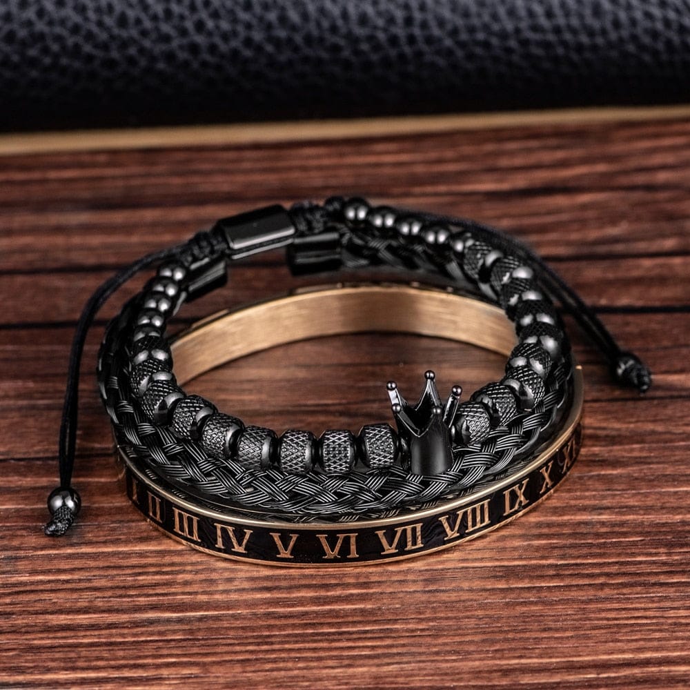 Enamel Roman  Black Bracelet Royal Crown Charm Men Stainless Steel  Bracelet Set