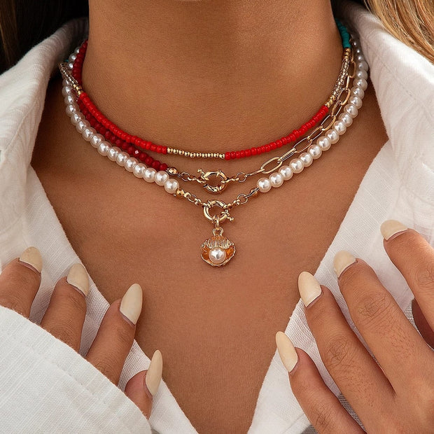 3Pcs/Set Red Co Beaded Chain Choker Necklace for Women Bohemia Letter Carved Coin Star Women's Necklace  Set