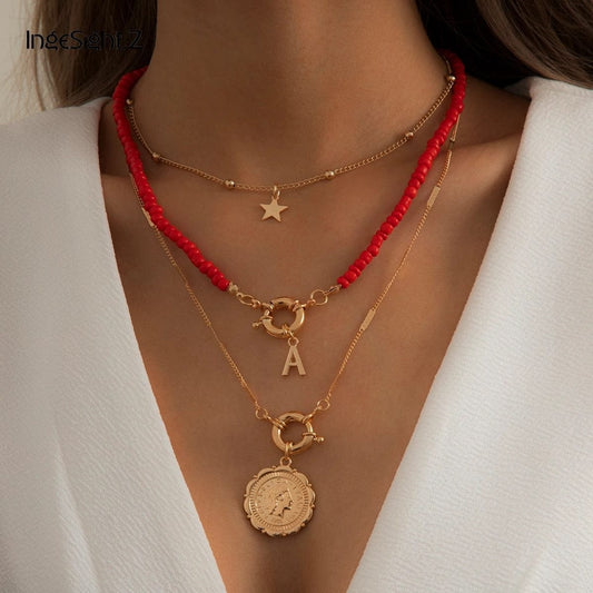 3Pcs/Set Red Co Beaded Chain Choker Necklace for Women Bohemia Letter Carved Coin Star Women's Necklace  Set