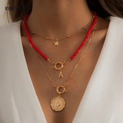 3Pcs/Set Red Co Beaded Chain Choker Necklace for Women Bohemia Letter Carved Coin Star Women's Necklace  Set
