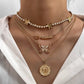 Gold Vintage  Bohemian  Coin Layered Women's  Necklace Butterfly Pendant Necklace