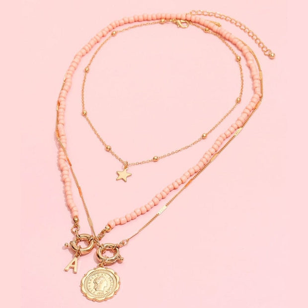 3Pcs/Set Red Co Beaded Chain Choker Necklace for Women Bohemia Letter Carved Coin Star Women's Necklace  Set