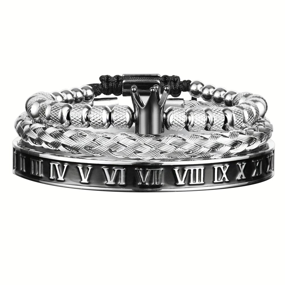 Enamel Roman  Black Bracelet Royal Crown Charm Men Stainless Steel  Bracelet Set