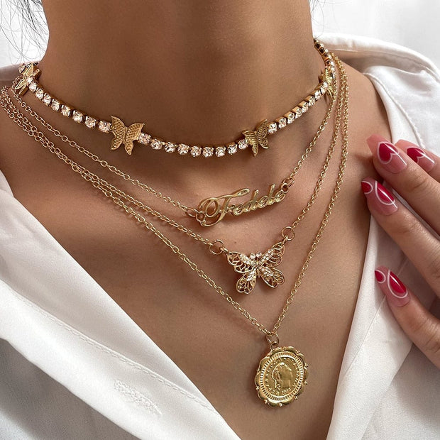 Gold Vintage  Bohemian  Coin Layered Women's  Necklace Butterfly Pendant Necklace