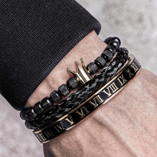 Enamel Roman  Black Bracelet Royal Crown Charm Men Stainless Steel  Bracelet Set