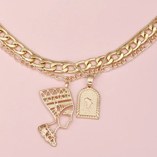 Hollow GoldQueenNefertiti layered Necklace