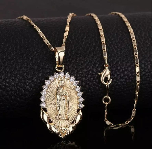 Gold Holy Virgin Mary Necklace  with rhinestones
