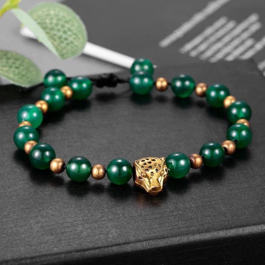 Handmade  GreenNatural StoneBeaded Men's Bracelet  Bracelet with Leopard Head Charm
