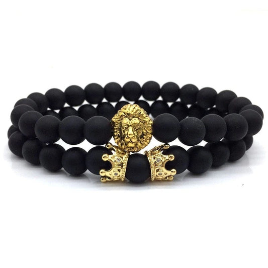 Matte Black 2 Piece Beaded Men's Bracelet with a lion and crown charm