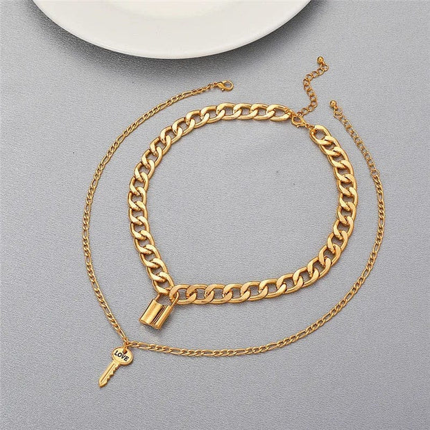 MultilayeredGold Necklace with Lock Pendant