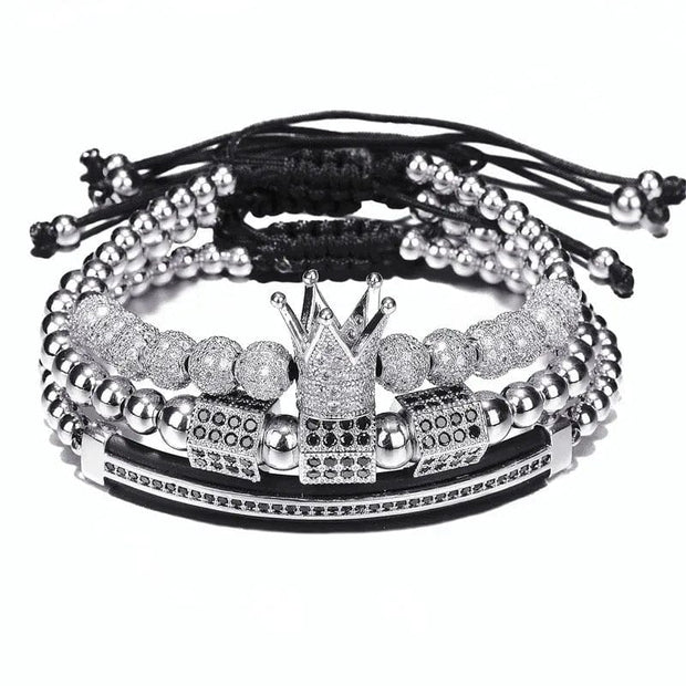 3Piece Lux Royal  Crown Silver Men's Bracelet iece  Set
