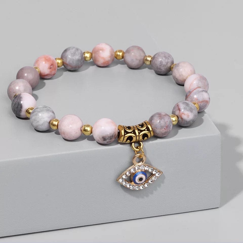 Natural Pinkish Stone Beaded Bracelet with Evil Eye Charm